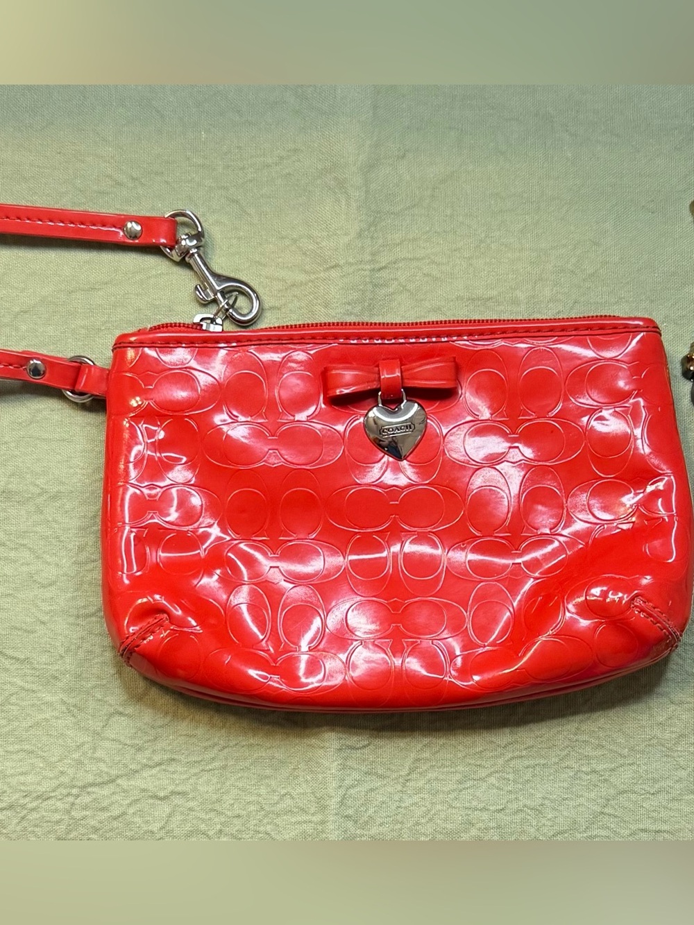 Coach Red Patent Signature Wristlet with Heart Charm